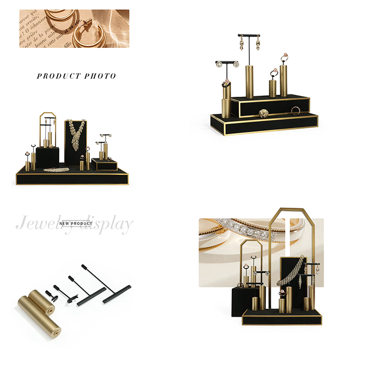 Entwodwi Creative Design Black Gold Nerjaveèi Bijou Display Stand Set, yon solisyon sansasyonèl ak elegant pou montre koleksyon bijou ou.Seri sa a fèt pou elve prezantasyon an nan moso bijou ou yo, fè yo kanpe deyò epi trape je a nan kliyan potansyèl yo.Fèt ak materyèl kalite siperyè ak yon konsepsyon dous, sa a seri kanpe ekspozisyon se adisyon pafè a nan nenpòt magazen bijou, boutik, oswa izolwa atizanal jis.